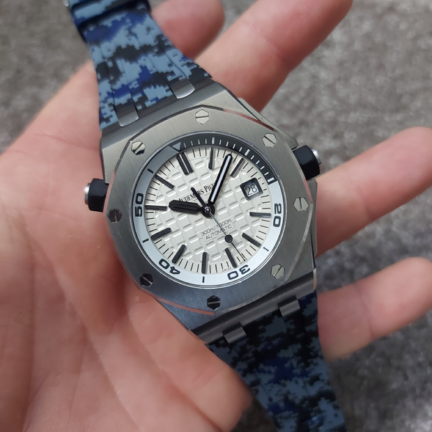Tempomat Madrid  affordable luxury watch accessories, 42mm blue digital camo rubber straps for audemars piguet royal oak offshore 