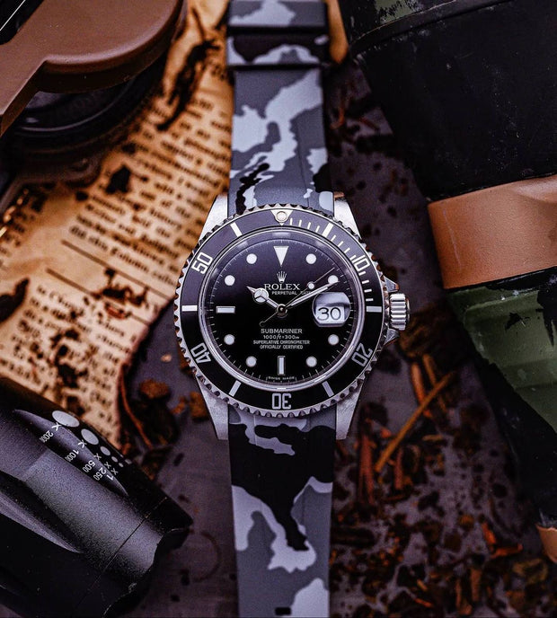 Tempomat Madrid  affordable luxury watch accessories, 20mm curved ended fitted grey camo rubber strap for rolex and omega