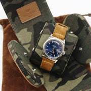  Tempomat Madrid  affordable luxury watch accessories, individual piece brown saffiano leather watch roll with camouflage inside and bottoned pillow mechanism