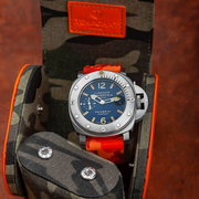  Tempomat Madrid  affordable luxury watch accessories, individual piece orange saffiano leather watch roll with camouflage inside and bottoned pillow mechanism
