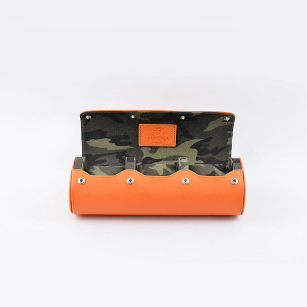  Tempomat Madrid  affordable luxury watch accessories, three piece orange saffiano leather watch roll with camouflage inside and sliding pillow mechanism